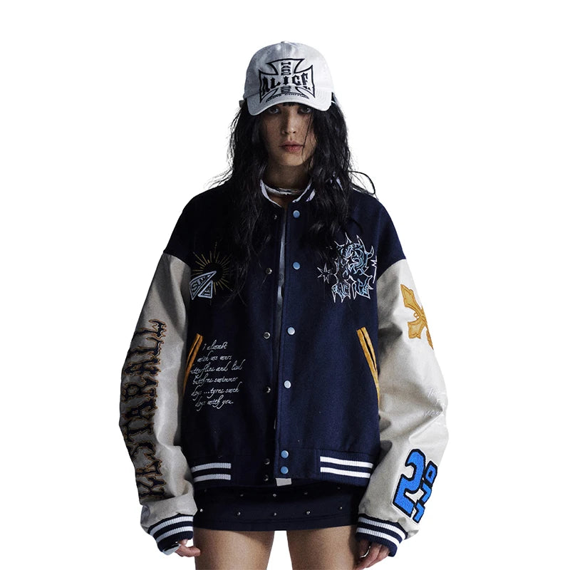 Women American Vintage Embroidered Baseball Jacket Faux Leather Sleeve Patchwork Bomber Coat Autumn Casual Streetwear Outerwear