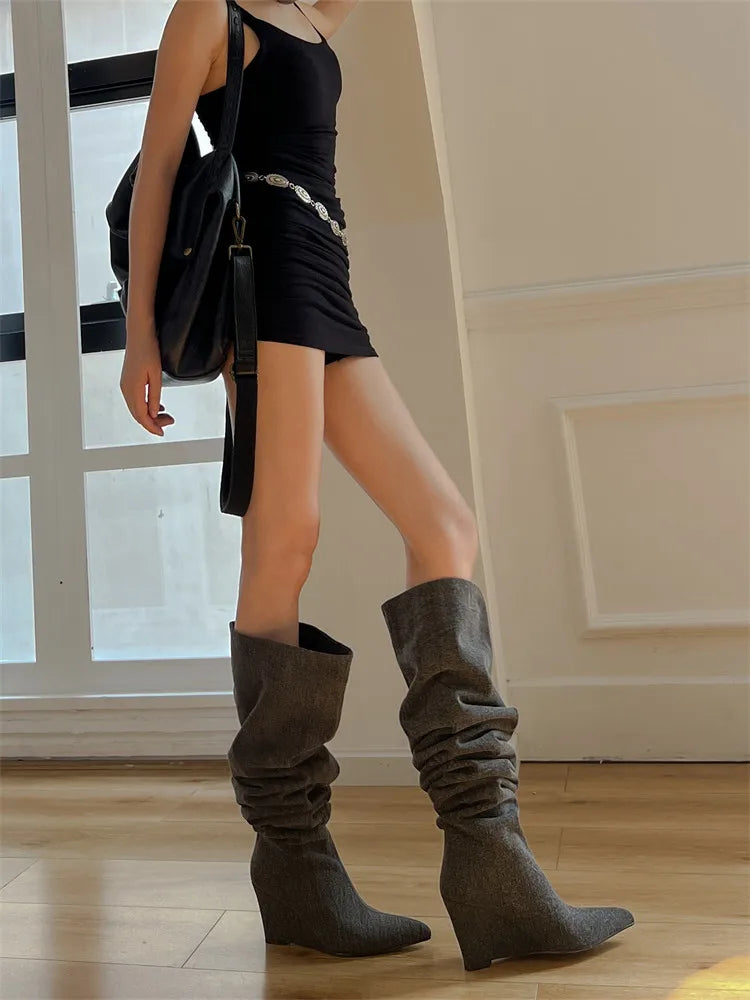 ZAROY Hot Girl Knight Long Boots Winter Stretch Denim Knee-high Boots Cozy Slip On Point Toe Wedge High Heels Sexy Long Booties