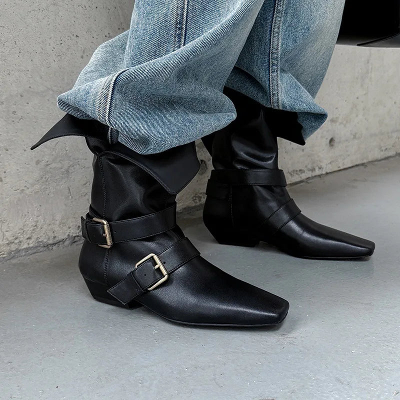 Arden Furtado Autumn Belt buckle cowhide Mid-Calf boots Square toe pull-on Middle heel Modern boots Large size Women's Boots