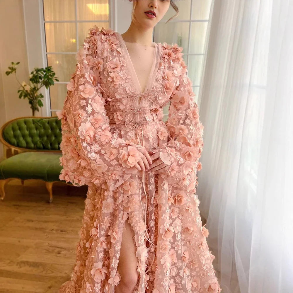 Luxury Arabic Peach-Pink 3D Flowers Long Sleeves Evening Dresses for Formal Occasion Wasisi ELA72960 Customized