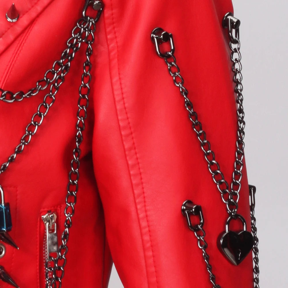 Women's Red PU Leather Gothic Punk Biker Jacket with Spikes Vintage Studded Y2K Rocker Grunge Spiked Coat Emo Alt Goth Clothing