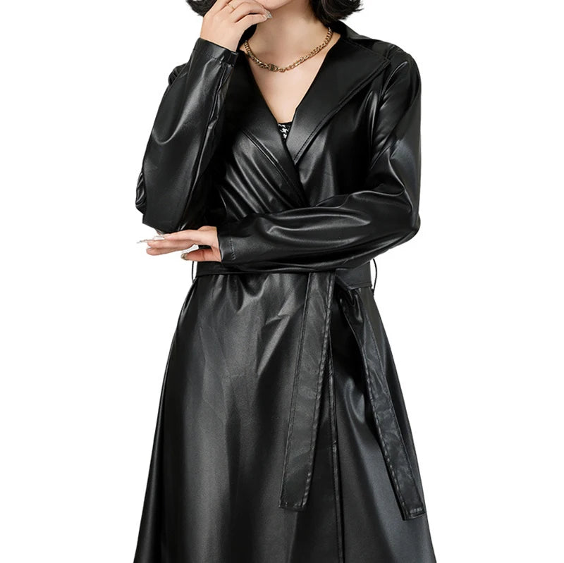 Women's Streetwear Windbreaker Black Tie Up Pu Leather Jackets For Women Fall Winter Windproof Anoraks Trench Coat For Women