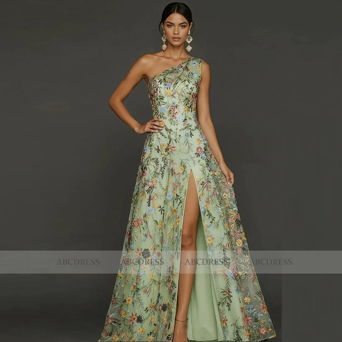 Customized Floral Embroidery Tulle Prom Dress One‑Shoulder Long Formal Evening Gown Backless Wedding Guest Dresses Plus Size