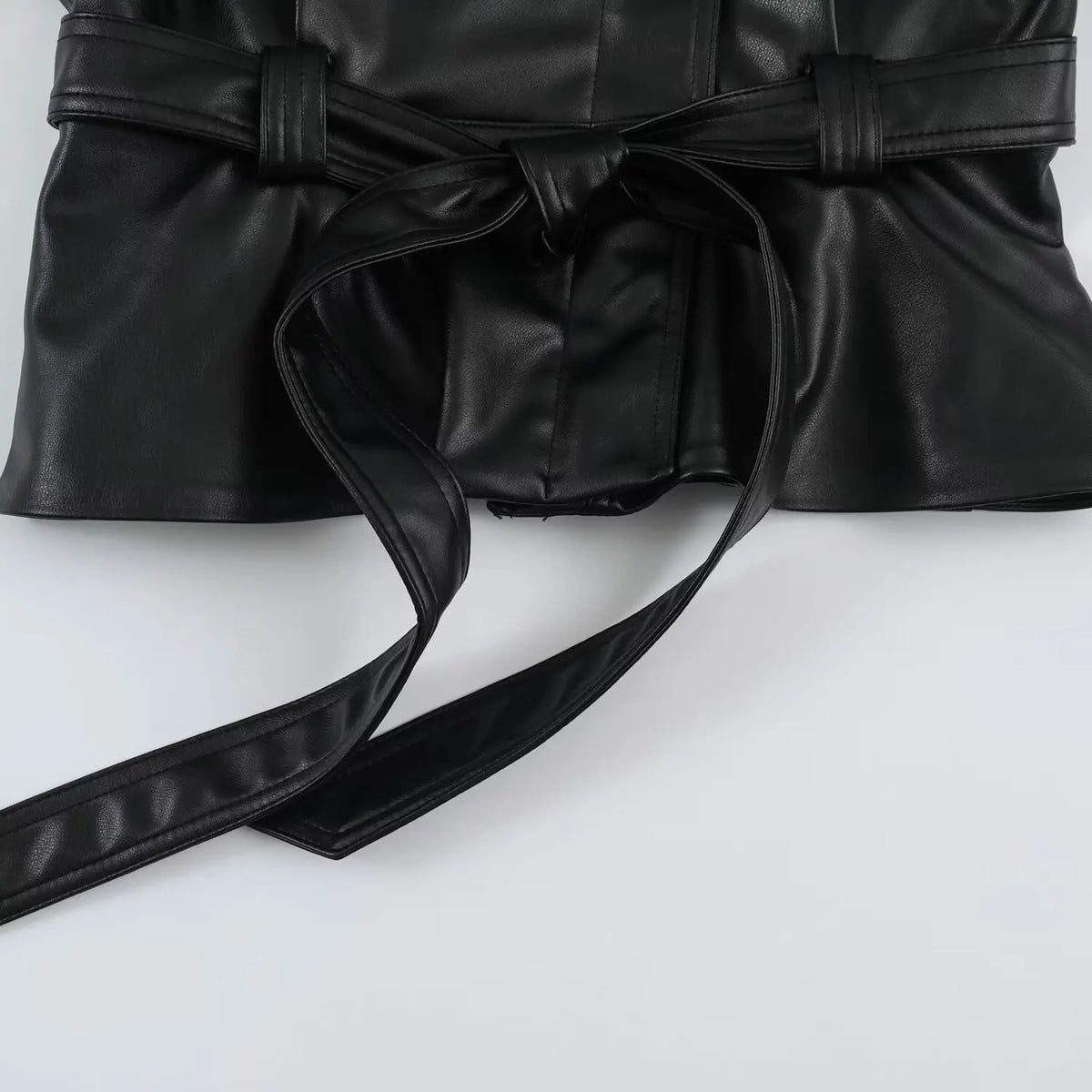 Women's PU Leather Jacket 2026 Retro Black Lapel Asymmetrical Zipper Belted Waist Zipper Pockets Cropped Biker Coat