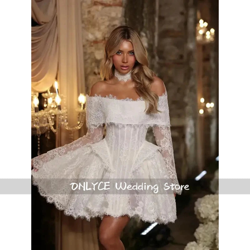 Lace Short Wedding Dresses Long Sleeves Pleated Vestido de Novia Off the Shoulder Corset Bridal Gowns Vestidos Customized