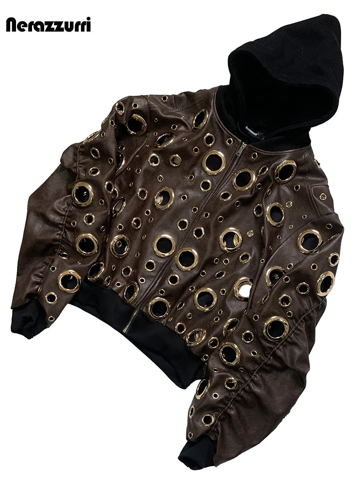 Nerazzurri Autumn Oversized Hollow Out Gold Pu Leather Jacket Men with Hood Hole Luxury Fake 2 Pieces Emo Menswear Clothing 2025