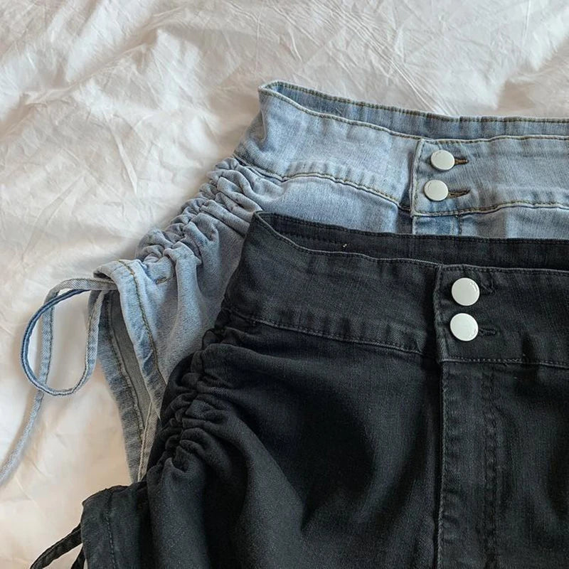 Zoki Sexy Shirring Slim Denim Shorts Women Fashion Korean High Waist Casual Shorts Summer Button All Match Harajuku Shorts New