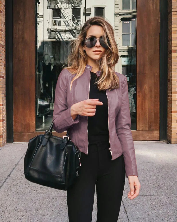 Autumn and Winter New Fashion Black Leather PU Suit Jacket Women Tops Zipper Stand Collar Slim Fit Casual Short Jacket for Women