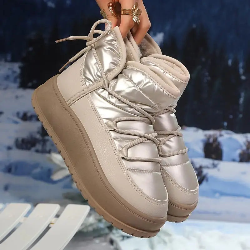 Comfort Platform Waterproof Snow Boots Women 2026 Winter Lace Up Decoration Thick Bottom Moon Boots Women Plush Short Booties