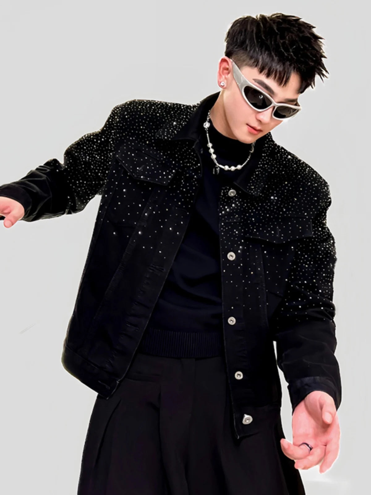 Fashion Denim Jacket High-End Handsome Shiny Rhinestone Light Luxury Trendy Men's Jacket Long Sleeve Single-Breasted Jackets