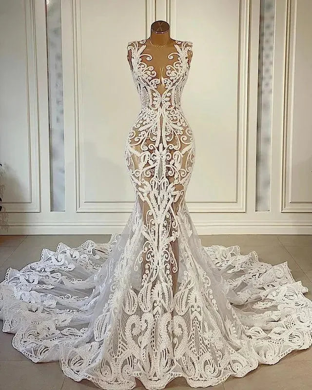 Sexy Mermaid Customized Wedding Dresses Bride Gowns Lace Appliqued African Nigerian Court Train Custom Made vestido de novia