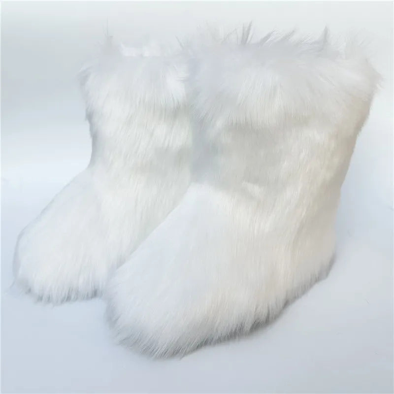 Cute High Quality Faux Raccoon Fox Fur Shibuya Gal Thickened Plus Size Mid-Calf Faux Fur Warm Winter Snow Boots for Women