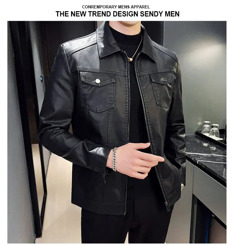 Autumn and Winter Classic Men's Leather Jacket Lapel Fashion Trend Locomotive Clothes Fleece Thermal Jacket Men