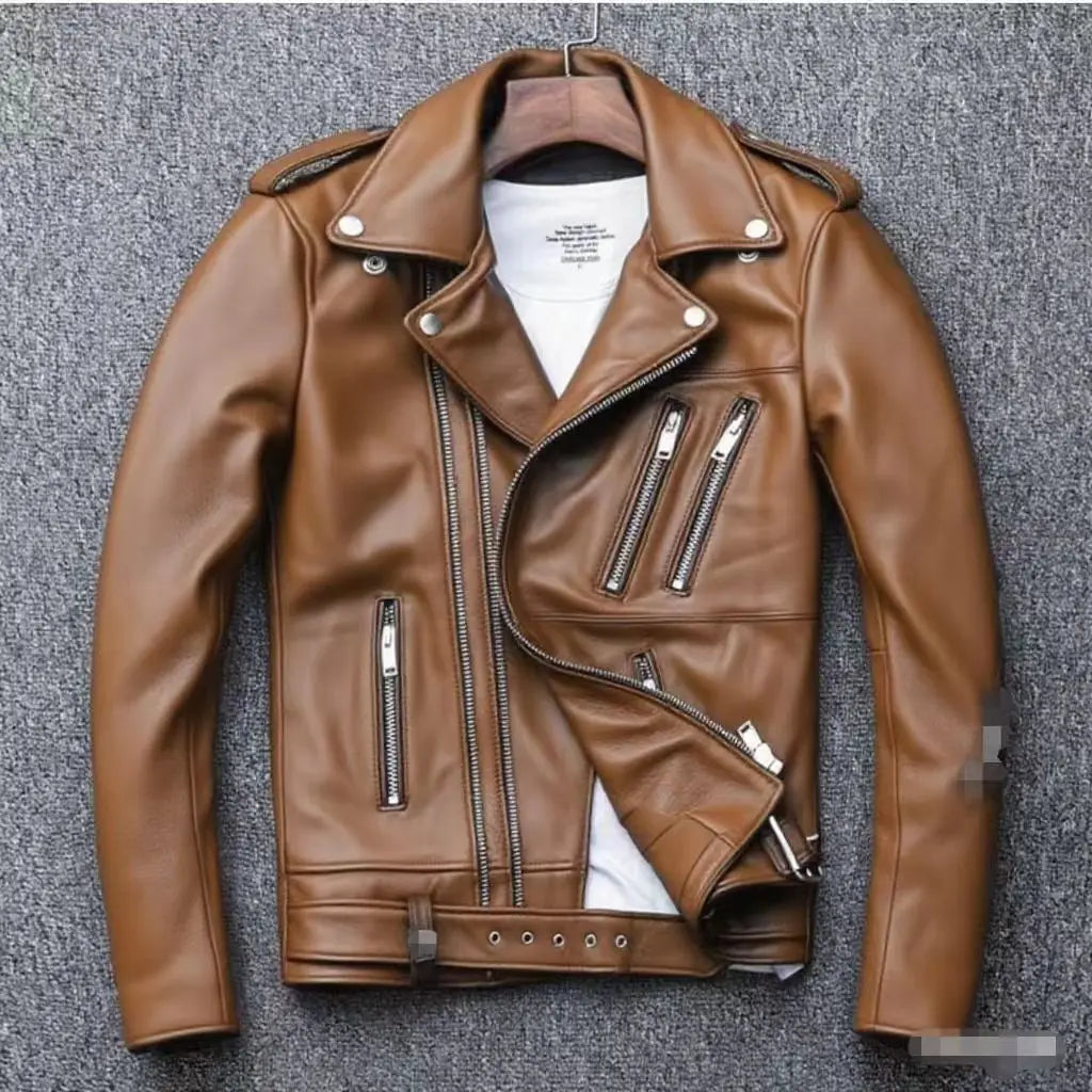 Winter and Autumn Men's Oversized Button-down PU Leather Coat with Multiple Zippers Polo Jacket, with Many Zippers