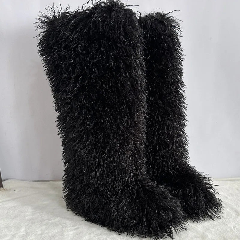 New Over The Knee Fur Boots Women Warm 72CM Long Faux Mongolian Fur Snow Boots Winter Luxury Fluffy Shoes Plush Platform Shoes