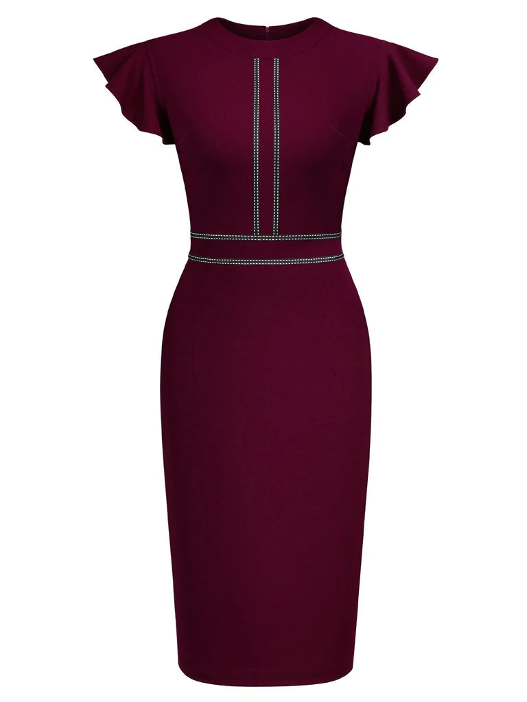 Women Crew Neck Ruffle Vintage Slim Work Office Cocktail Party Knee Length Sheath Bodycon Pencil Slim Dress