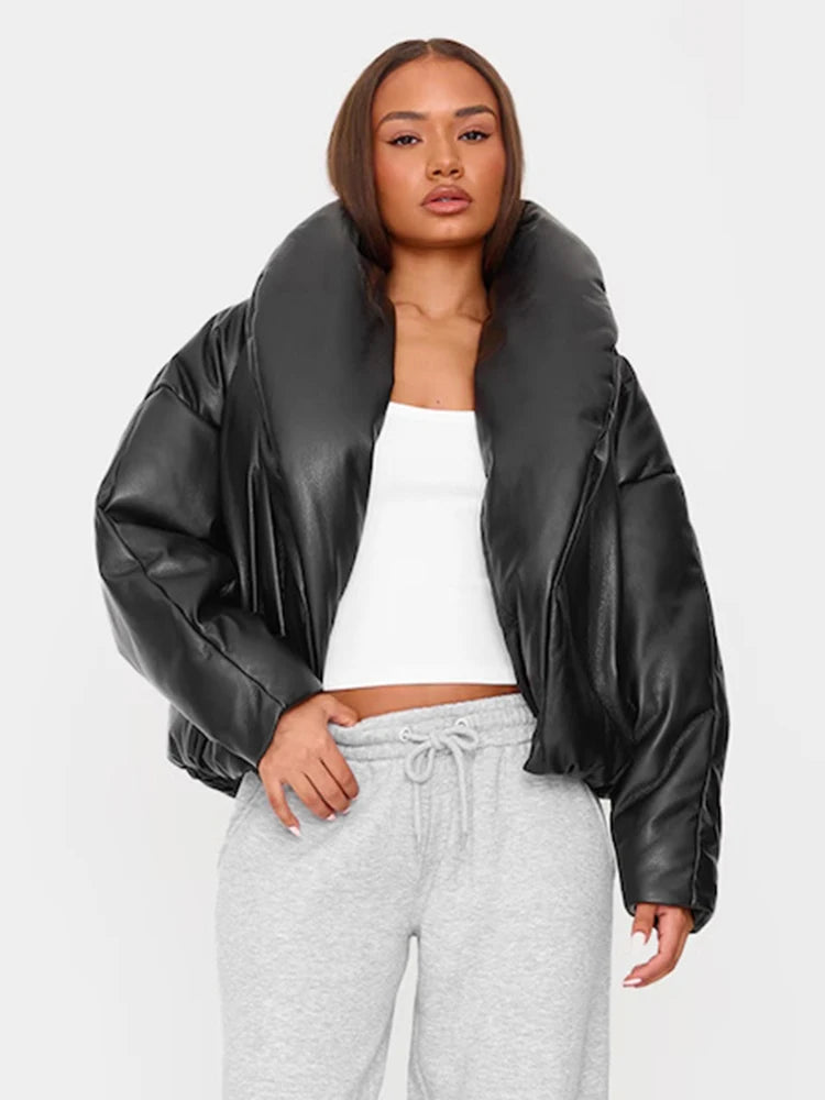 Kliou Faux Leather Puffer Coats Woman Winter Warm Trend Stand Collar Full Sleeve High Street Casual Fashion Style Crop Jacket