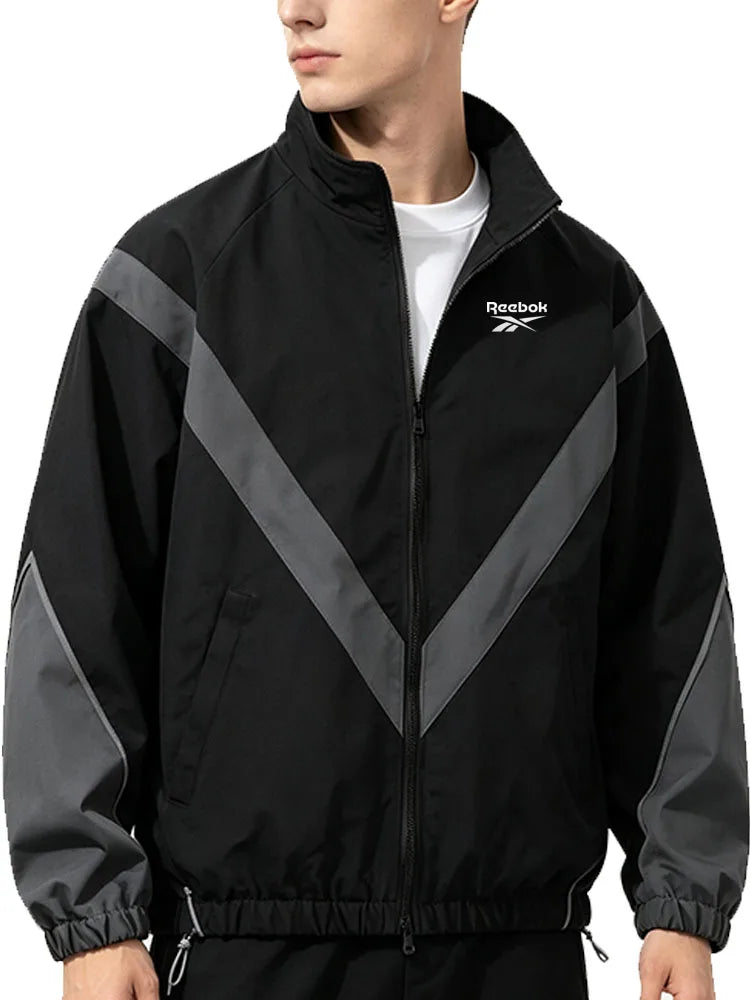 2025 Reebok New Men's Fall Jacket with Reflective Patch Stand Collar, Windproof Sporty Casual Jacket for Autumn and Spring