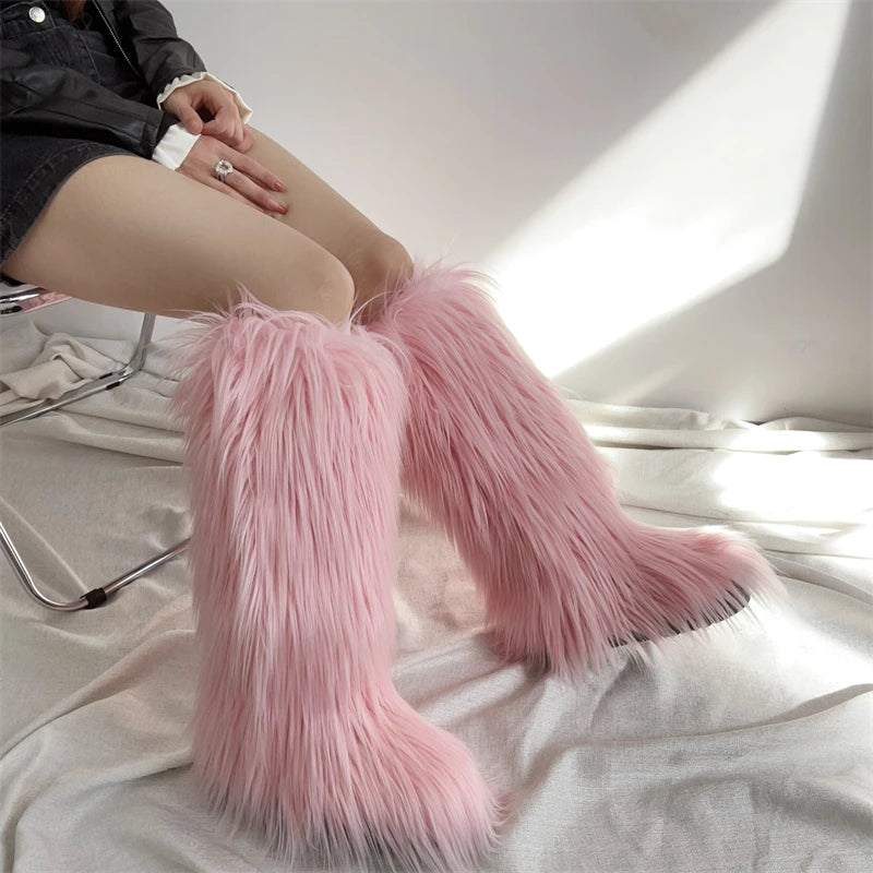 Hot Sale Ins Fashion Long Women Furry Boots Winter Knee Length Keep Warm Ladies Snow Boots