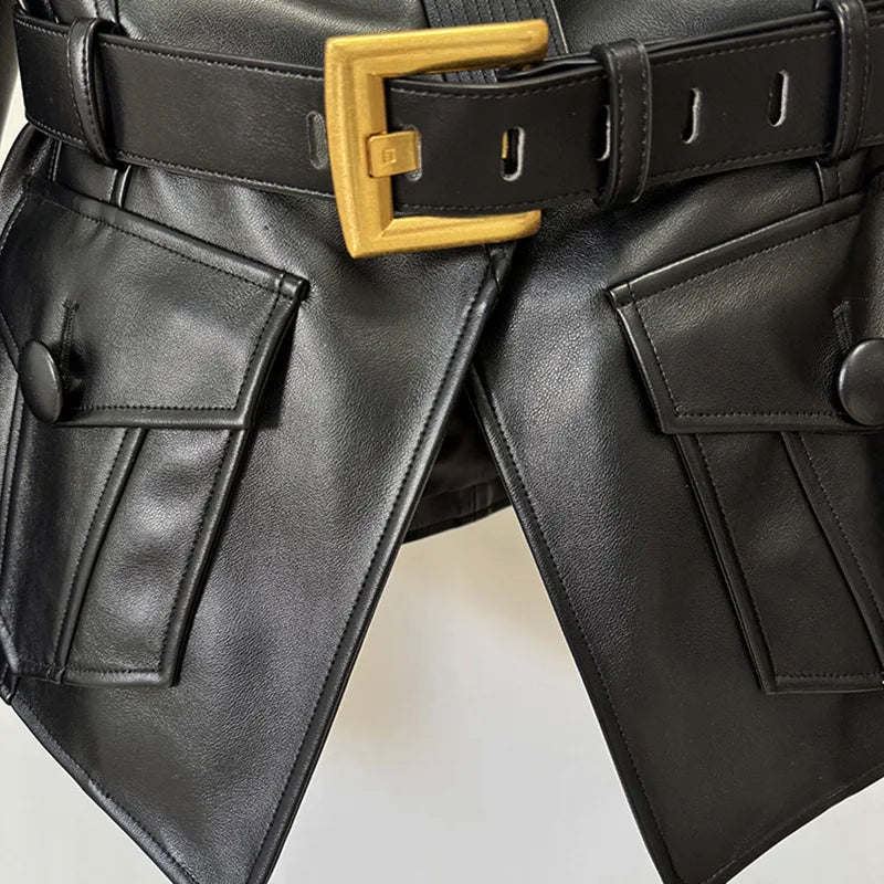 2026 new luxury and fashionable women's clothing belt slim fit leather jacket with multiple pockets motorcycle fashion jacket