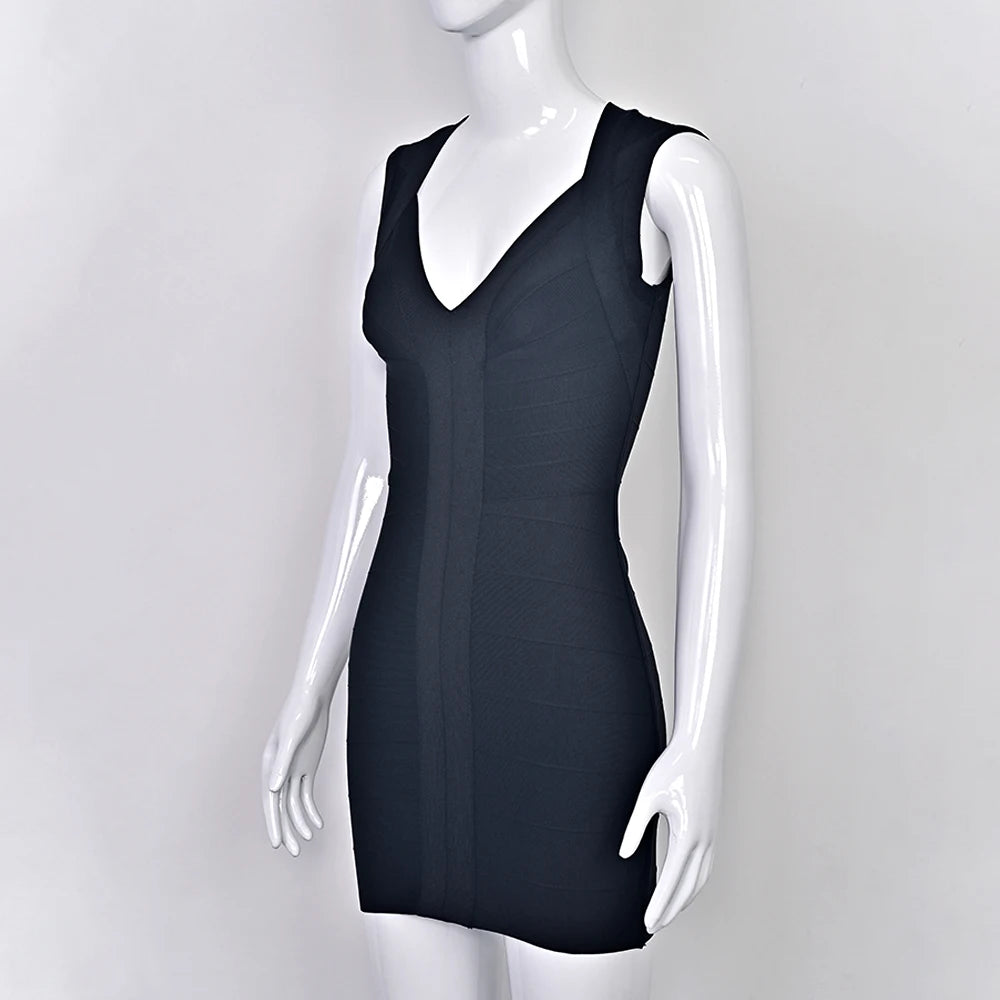 BEAUKEY Luxury Sexy Plunge V Bandage Dress Stripes Slim Bodyocn Mini Party Celebrity Evening Dress Elastic Knitted Vestidos