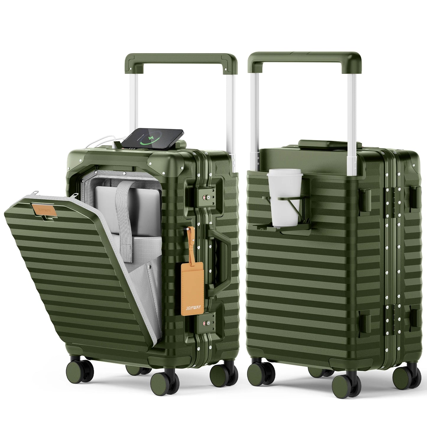 Joyway 20 inch Aluminium Carry on Luggage Suitcase with Front Pocket, USB Port, Cup Holder, TSA Lock and Spinner Wheels