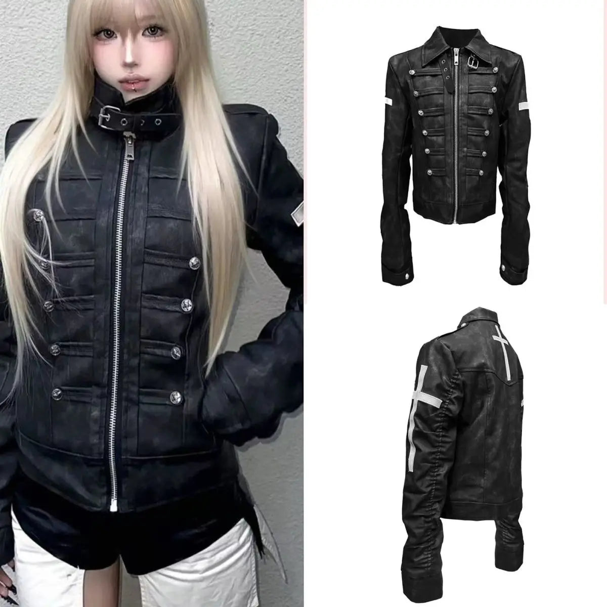 Womens American Vintage Punk Leather Jacket 2026 Autumn Long Sleeve Slim Black Gothic Outerwear Subculture Style Club Party Coat