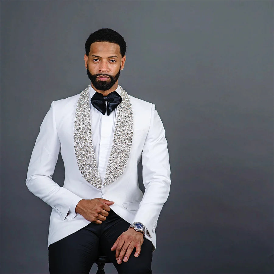 Bling Beaded Wedding Tuxedo for Men Slim Fit Male Fashion Suits Stunning 2 Pieces Suit Jacket with Pants Custom Made Costume