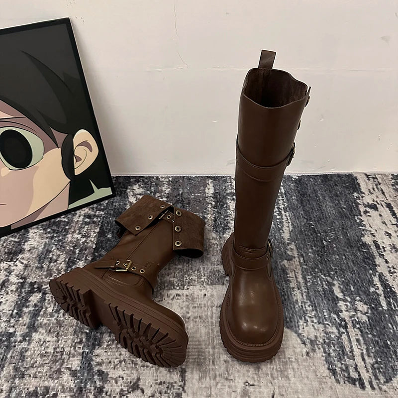 Winter Vintage Platform Thick Sole Woman Knight High Boots Concise Belt Buckle Front zipper Shoes Ladies Slim Modern Long Botas