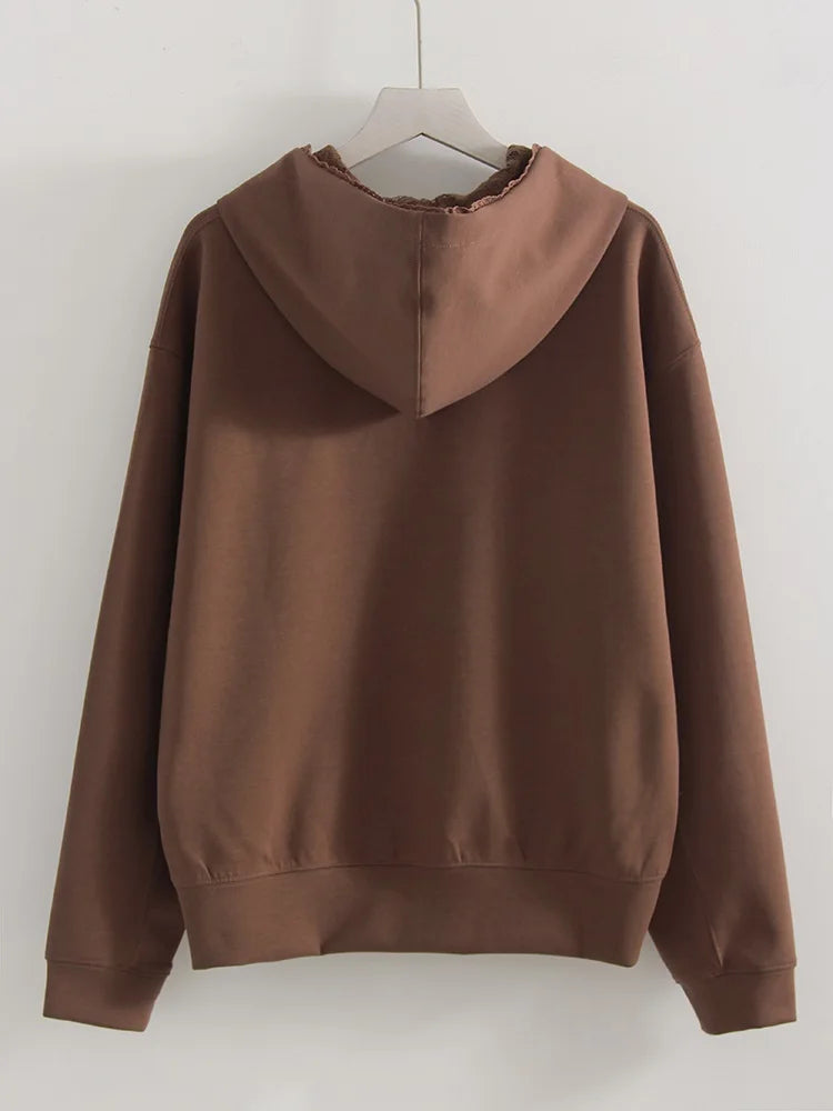 Streamgirl Brown Hoodies With Lace Women Oversize Plain Spring Elegant Butter Yellow Hooded Sweatshirts For Women Oversized