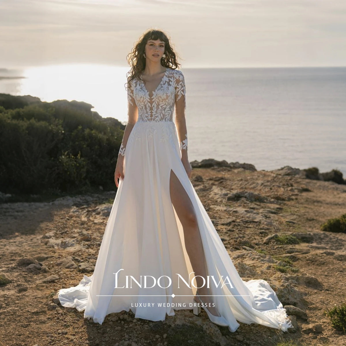 LINDO NOIVA Customized Chiffon A‑Line Wedding Dress Deep V Neck Lace Sleeves Bridal Gown Boho Vestido De Noiva For Women
