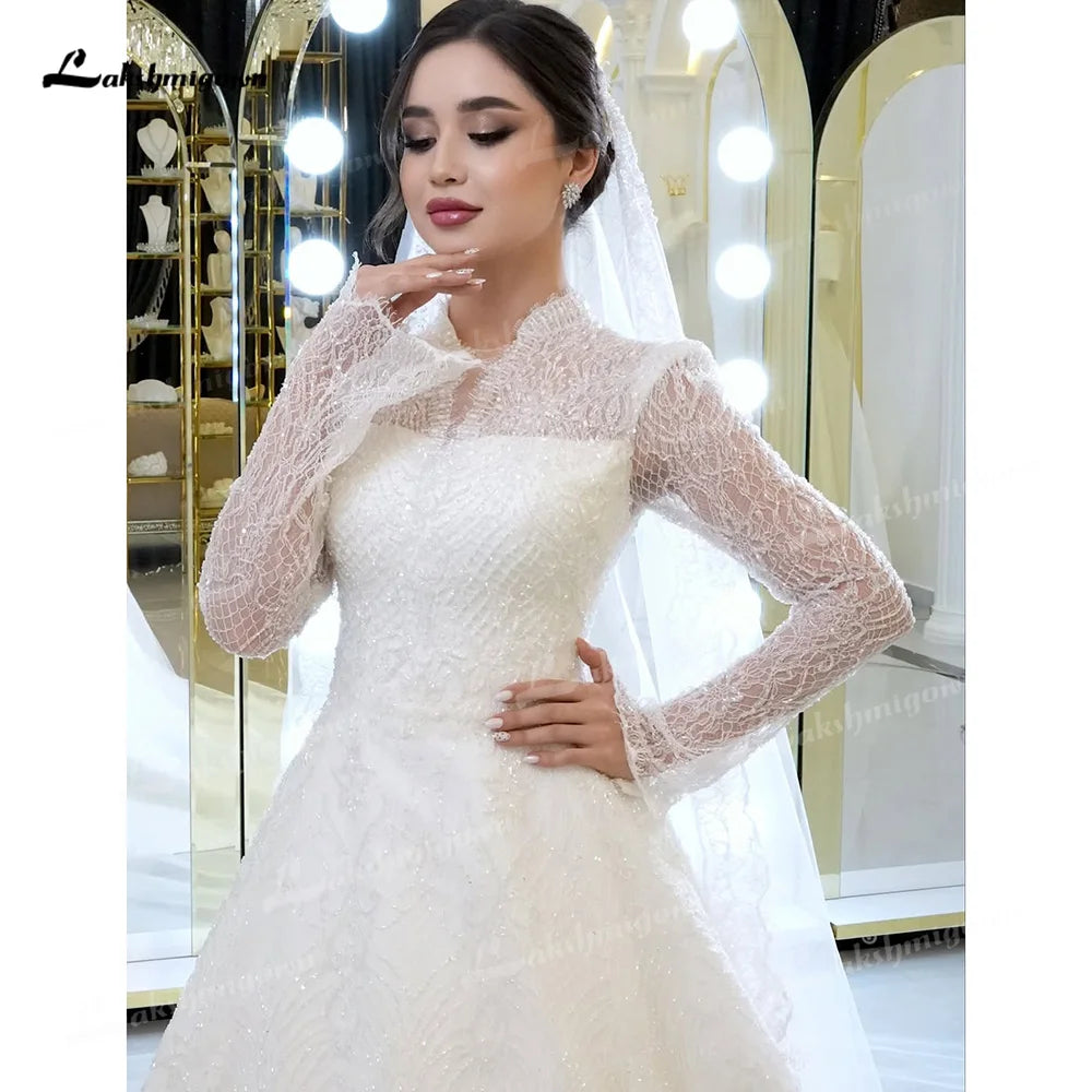 Luxury Illusion High Neck Long Sleeve A Line Wedding Dress Lace Beaded Sequins Bridal Gown vestidos de novia 웨딩드레스 Customized
