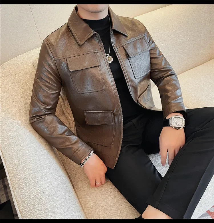 Autumn Winter High Quality Faux Leather Jacket Fashion Multi Pocket Design PU Leather Coats Man Vintage Business Slim Fit Coats