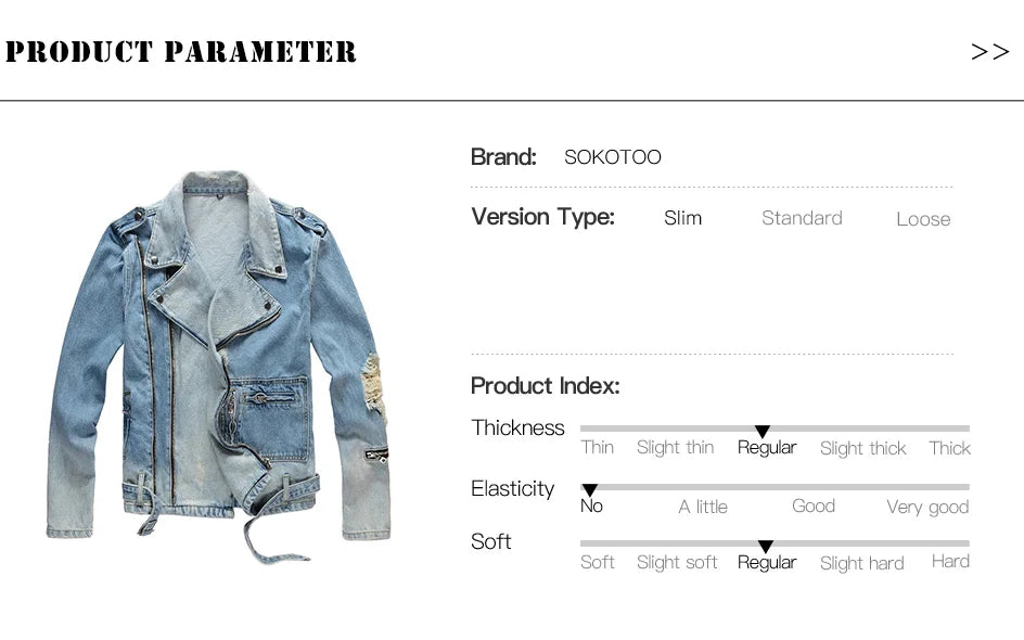 Sokotoo Men's Holes Ripped Blue Jean Biker Jacket for Motorcycle Streetwear Zippers Turn Down Collar Denim Coat Outerwear