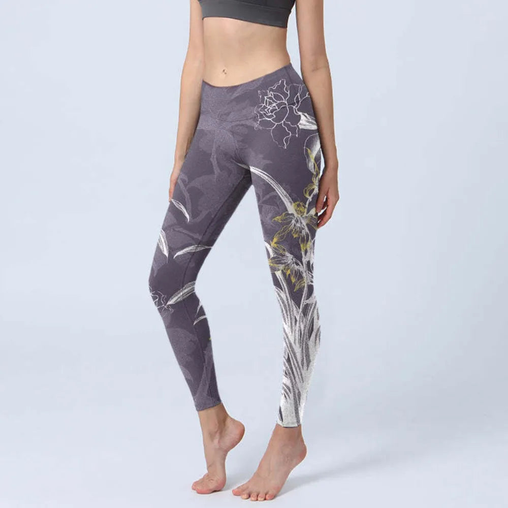 Women High Waisted Yoga Pants Tummy Control Leggings Floral Butterfly Landscape Printed Workout Gym Fitness Running Tight Pants