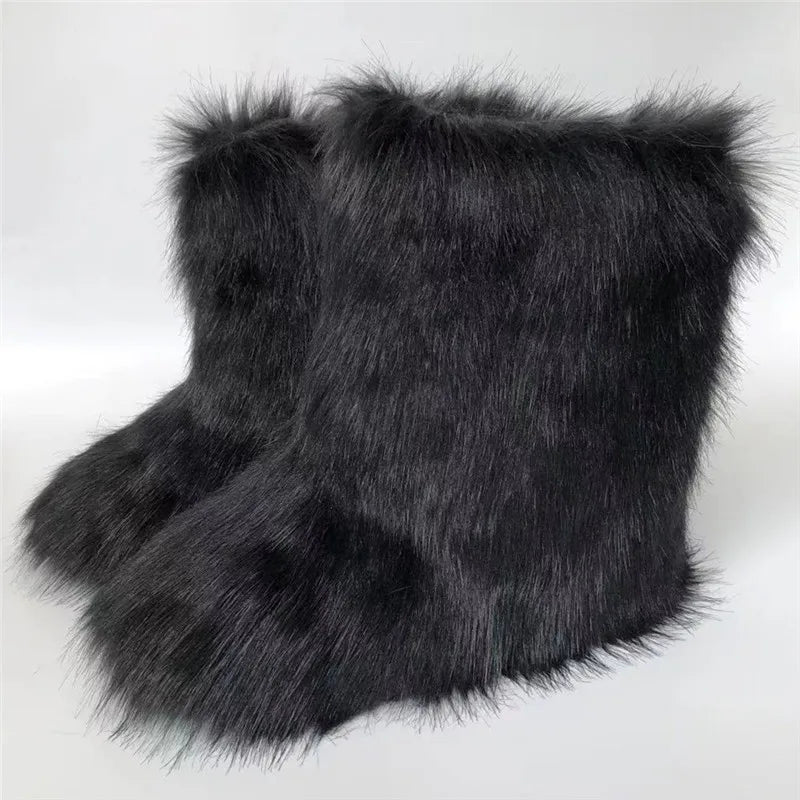 Cute High Quality Faux Raccoon Fox Fur Shibuya Gal Thickened Plus Size Mid-Calf Faux Fur Warm Winter Snow Boots for Women