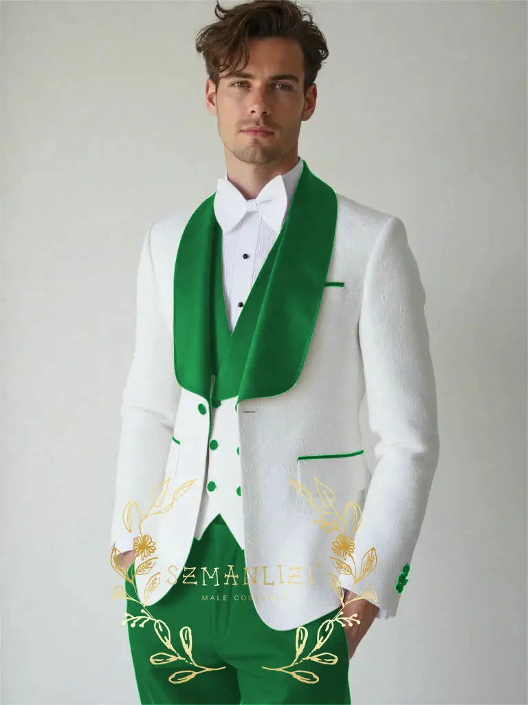 White Floral Wedding Men's 3-piece Suit Set (Jacket Pants Vest) Groom Tuxedo Formal Blazer Elegant Groomsmen Suit for Men