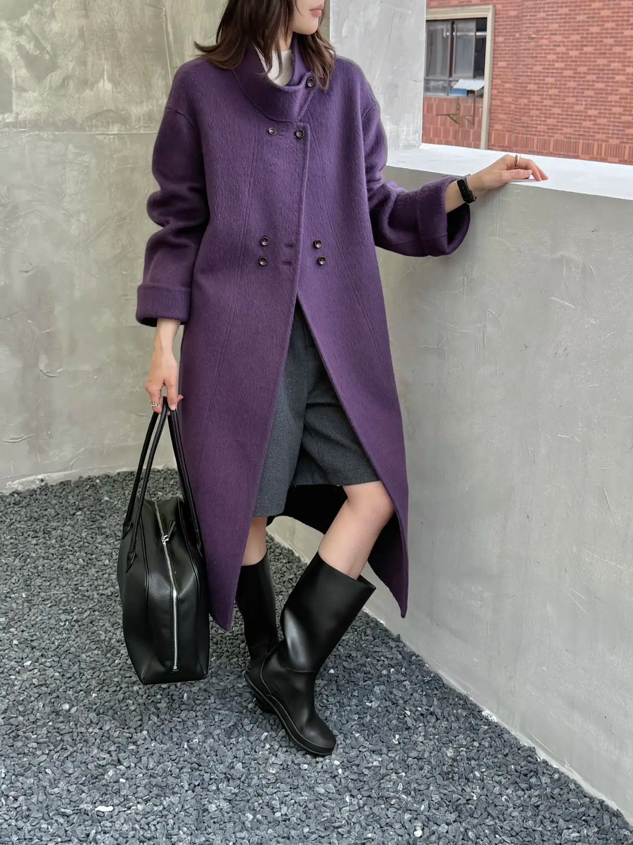 Ladies' 100% wool coat, high-end slimming stand up collar, double breasted loose long woolen coat, autumn and winter bestseller