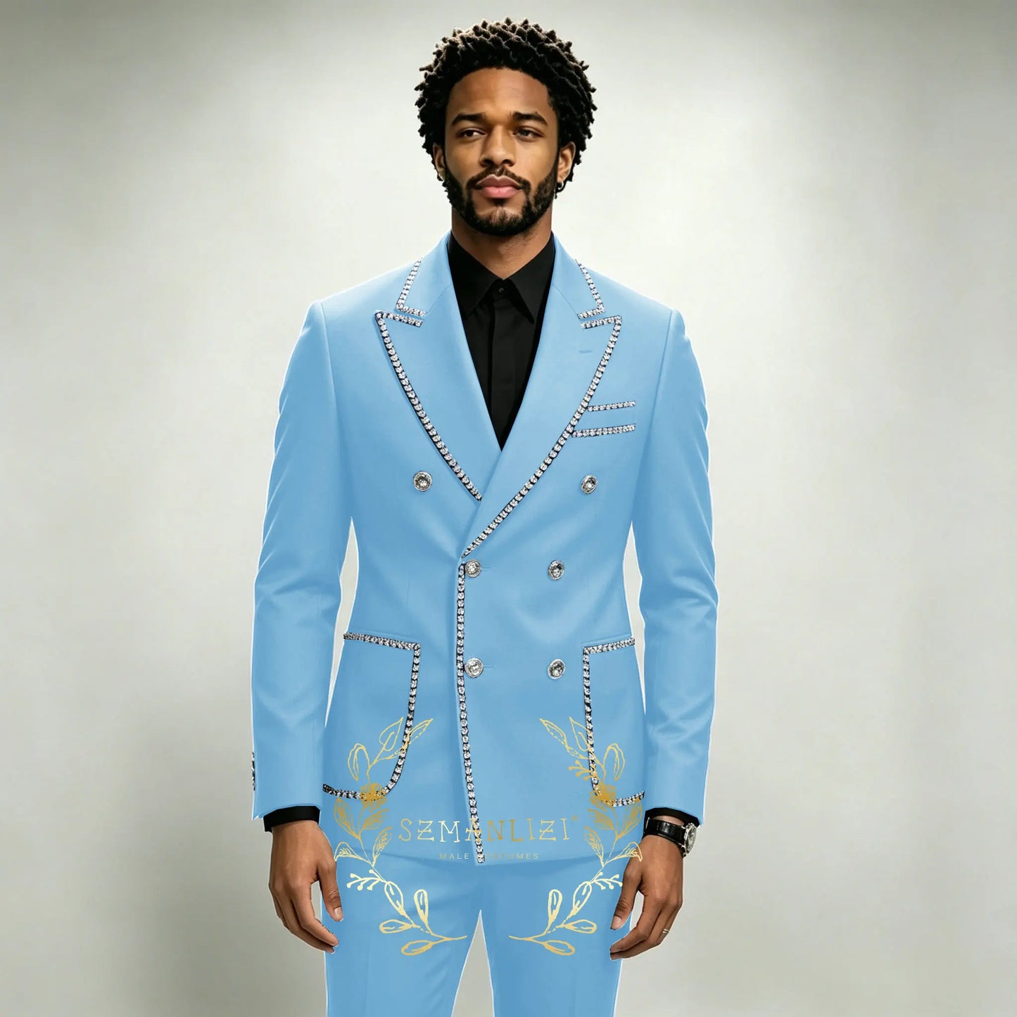 Luxury Men's Suits 2 Pieces Royal Blue Crystals Peaked Lapel Double Breasted Groom Wedding Tuxedo Wear Formal Party Prom Suits