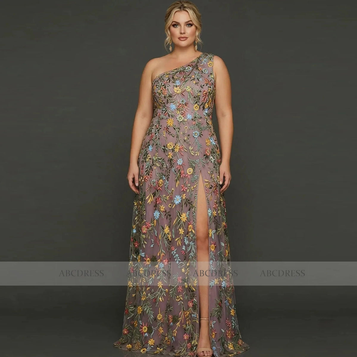 Customized Floral Embroidery Tulle Prom Dress One‑Shoulder Long Formal Evening Gown Backless Wedding Guest Dresses Plus Size