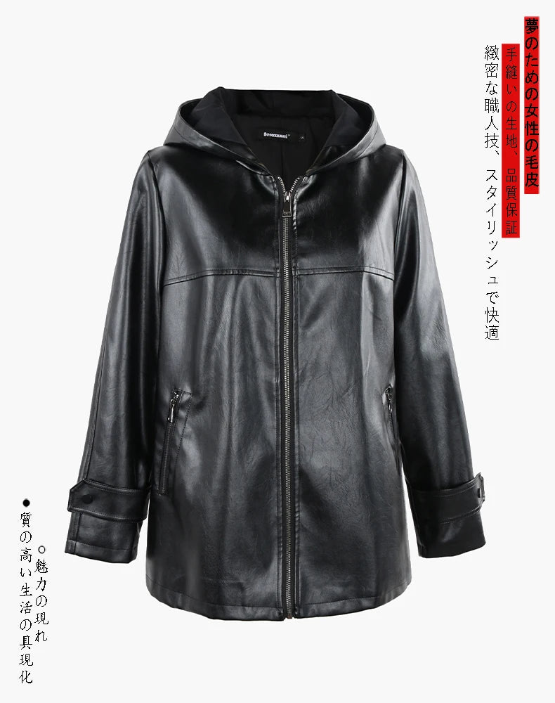 Nerazzurri Spring Autumn Black Waterproof Lightweight Soft Pu Leather Jacket Women with Hood Zipper Loose Casual Clothes 2023