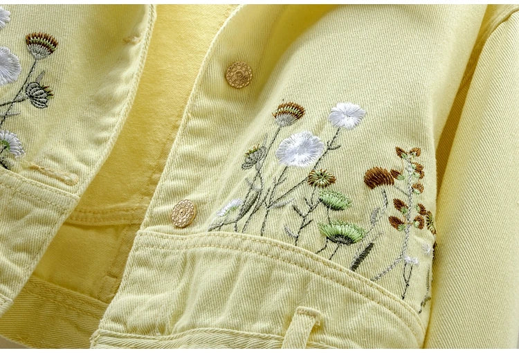 Chic Floral Embroidery Crop Denim Coats Women Lapel Long Sleeve Single Breasted Jeans Jacket Vintage Streetwear Female Outerwear