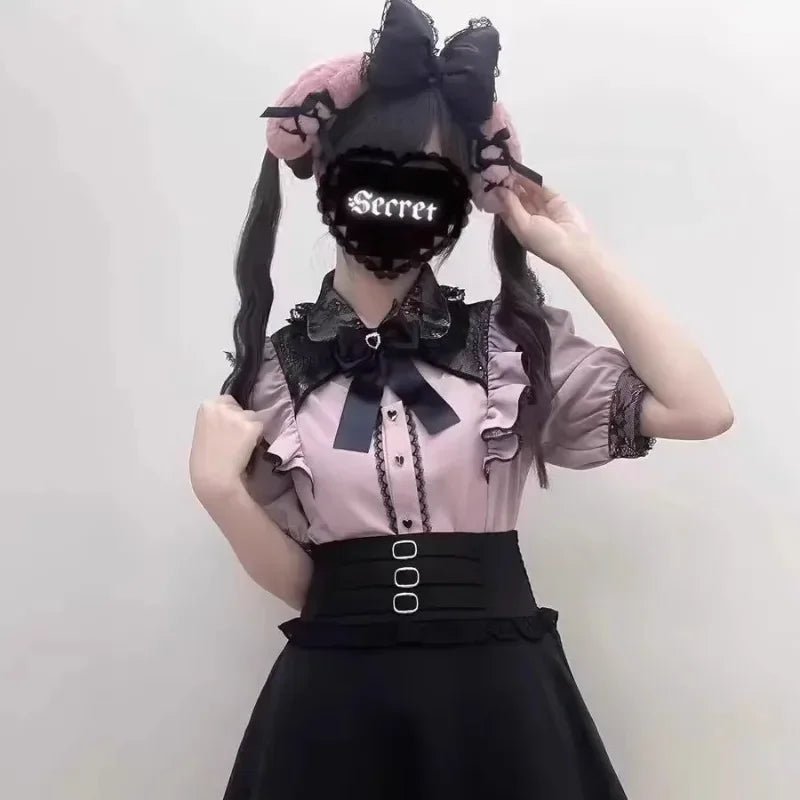 Jirai Kei Cosplay Costume Lolita Dress Blouse Y2K Kawaii Japanese Style Shirt Short Sleeve Pink Sweetheart Girl Halloween Party