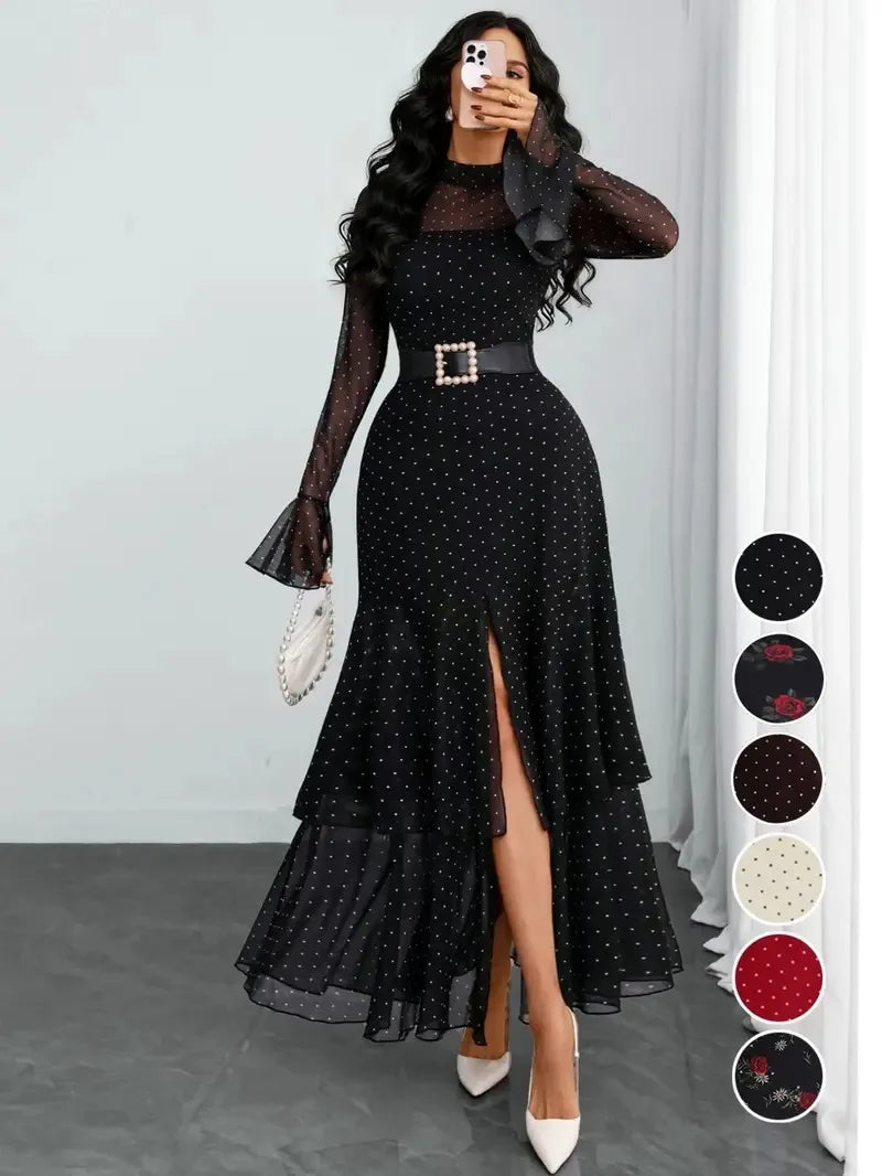 2026 Long Sleeves Evening Dress Dresses For Woman Party Wedding Temperament Sexy Slim Banquet Slit Printed Fashion Ruffles Slim