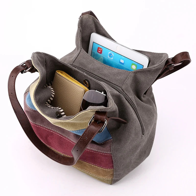 Canvas patchwork Female Top-Handle Bag Women Shoulder Bag Vintage Ladies Commuting Handbags