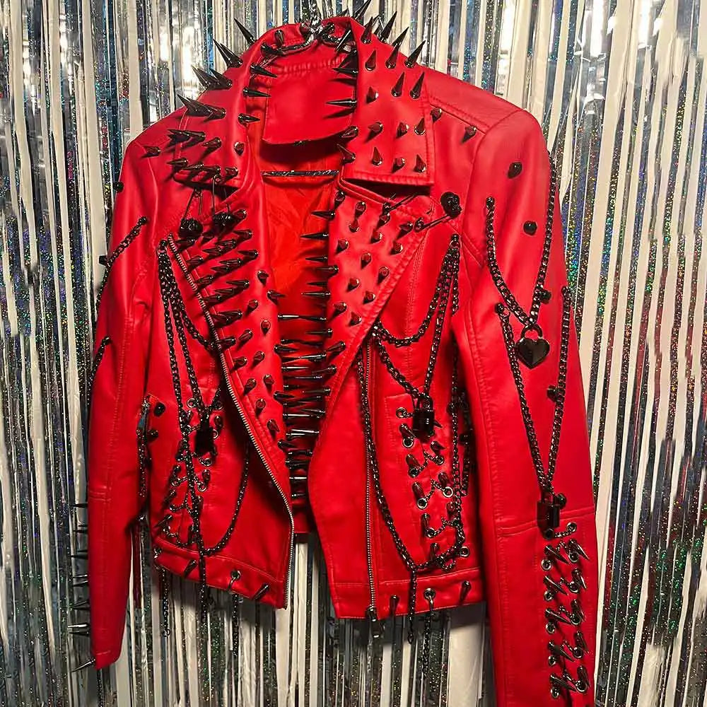Women's Red PU Leather Gothic Punk Biker Jacket with Spikes Vintage Studded Y2K Rocker Grunge Spiked Coat Emo Alt Goth Clothing