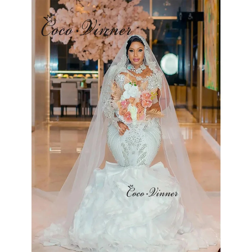 Customized High Neck  Africa Luxury Mermaid Wedding Dresses 2026 Detachable Ruffle Train Beaded Lace Wedding Dress Women W1433