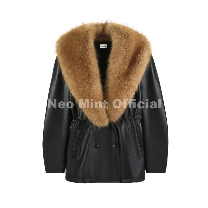 Neo Mint Luxury Brand Fashion Design Black Long Faux Leather Coat Women Detachable Fur Collar Oversized PU Leather Jacket Blazer
