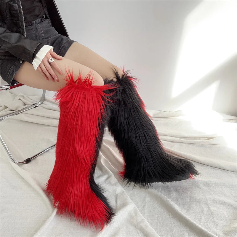 Hot Sale Ins Fashion Long Women Furry Boots Winter Knee Length Keep Warm Ladies Snow Boots