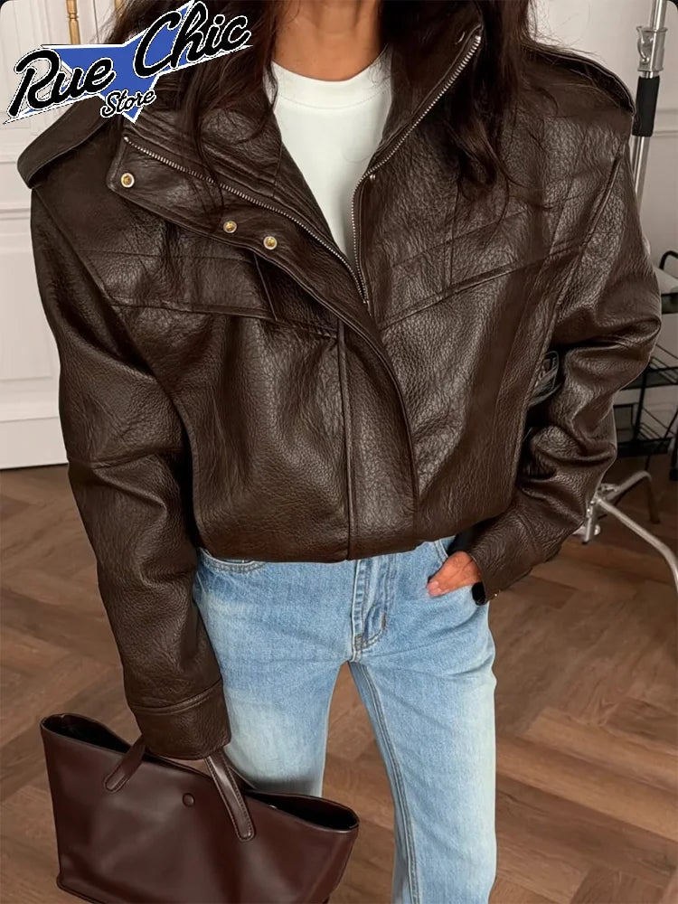 Black Faux Leather Stand Collar Zip Epaulet Cropped Jacket Long Sleeve Snap Button Pocket Coat 2026 Autumn Street Chic Coats New